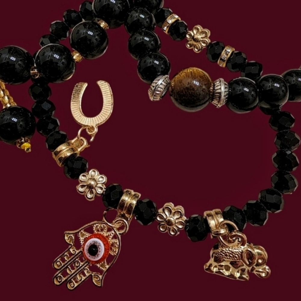 Elegant Black & Gold Beaded Charm Bracelet Set Of Three